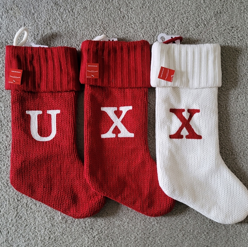 Wondershop, Lined, White, Red, Knit Stocking with Letters “U", "X" NEW NWT